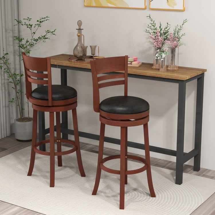 Set of 2 brown bar stools with PU upholstered seats, featuring a 360° swivel design, ideal for kitchen or pub use.