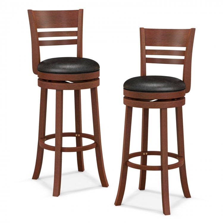 Set of 2 brown bar stools with PU upholstered seats, 360-degree swivel, and solid rubber wood construction for kitchen.