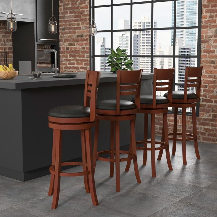 Set of 2 brown bar stools with PU upholstered seats, 360° swivel design, perfect for kitchen or cafe use.