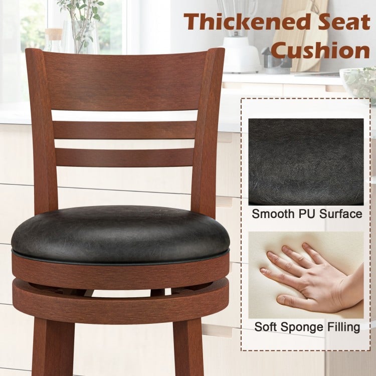 Brown bar stool featuring a thickened PU upholstered seat, soft sponge filling, and a sturdy rubber wood frame.