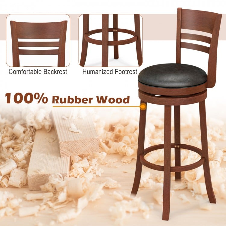 Brown 360° bar stool with PU upholstered seat, rubber wood construction, perfect for kitchen or pub use.
