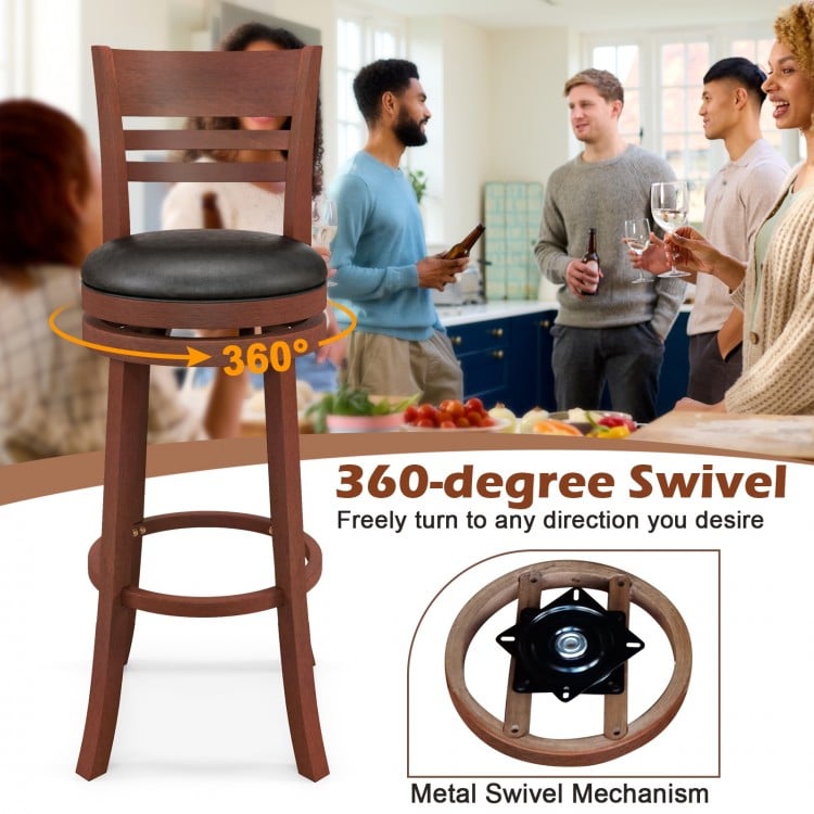 Brown 360° bar stool set with PU upholstered seats, featuring a sturdy rubber wood frame and retro design for kitchen.