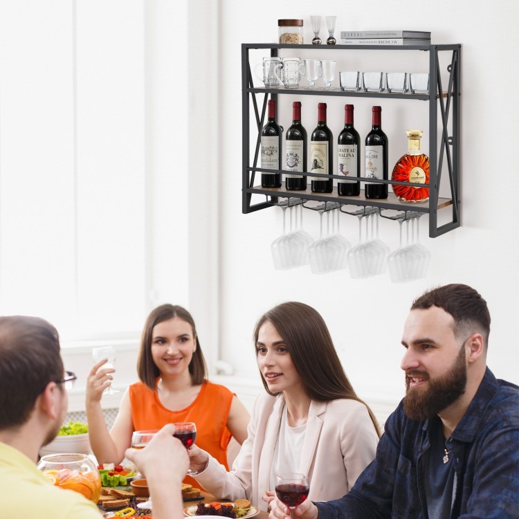 3-tiers industrial wall-mounted wine rack with glass holder, featuring a sturdy metal frame, ideal for dining room.