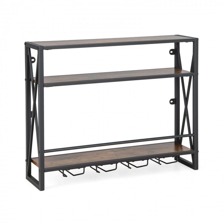 3-tier industrial wall-mounted wine rack with metal frame, glass holders for 16 glasses, perfect for kitchen or dining.