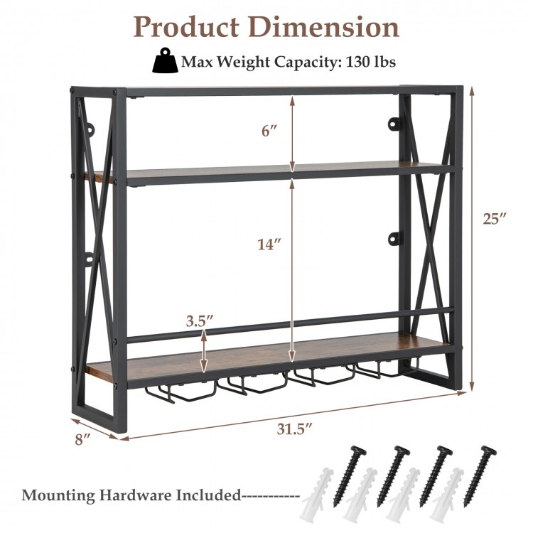 3-tier industrial wall-mounted wine rack with metal frame, glass holder, and retro design for kitchen or dining room.