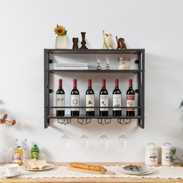 3-tier industrial wall-mounted wine rack with glass holder, metal frame, and retro design for kitchen or dining room.