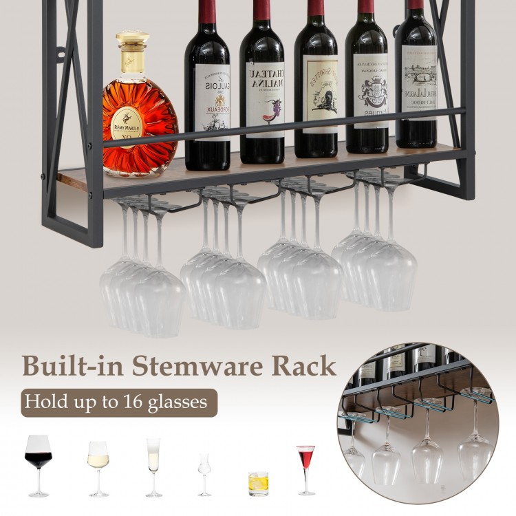 3-tier industrial wall-mounted wine rack with built-in glass holder, metal frame, holds up to 16 glasses for stylish.