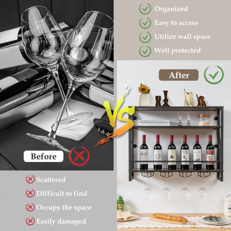3-tier industrial wall-mounted wine rack with glass holder, heavy-duty metal frame, ideal for kitchen and dining room.