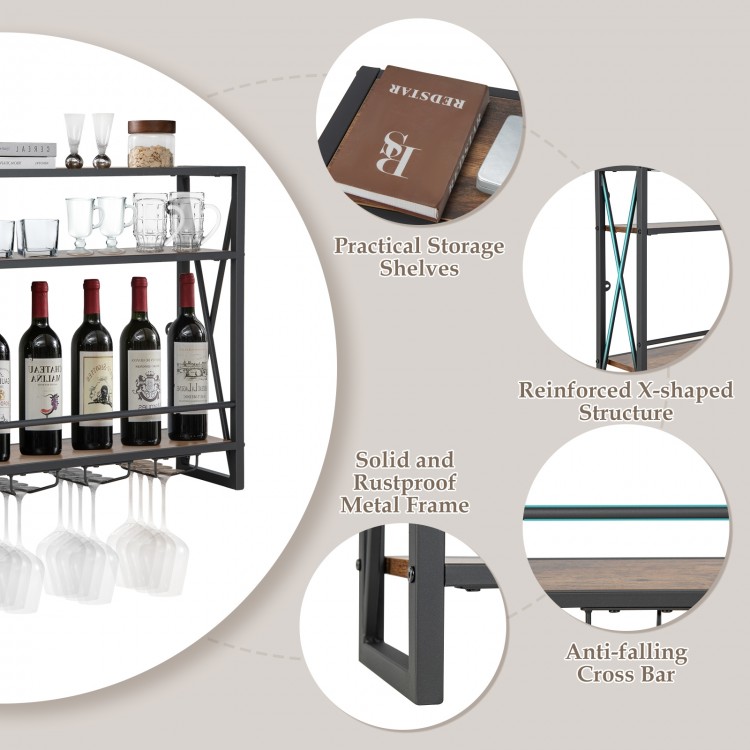 3-tier industrial wall-mounted wine rack showcasing a reinforced X-shaped structure and anti-falling cross bar for.