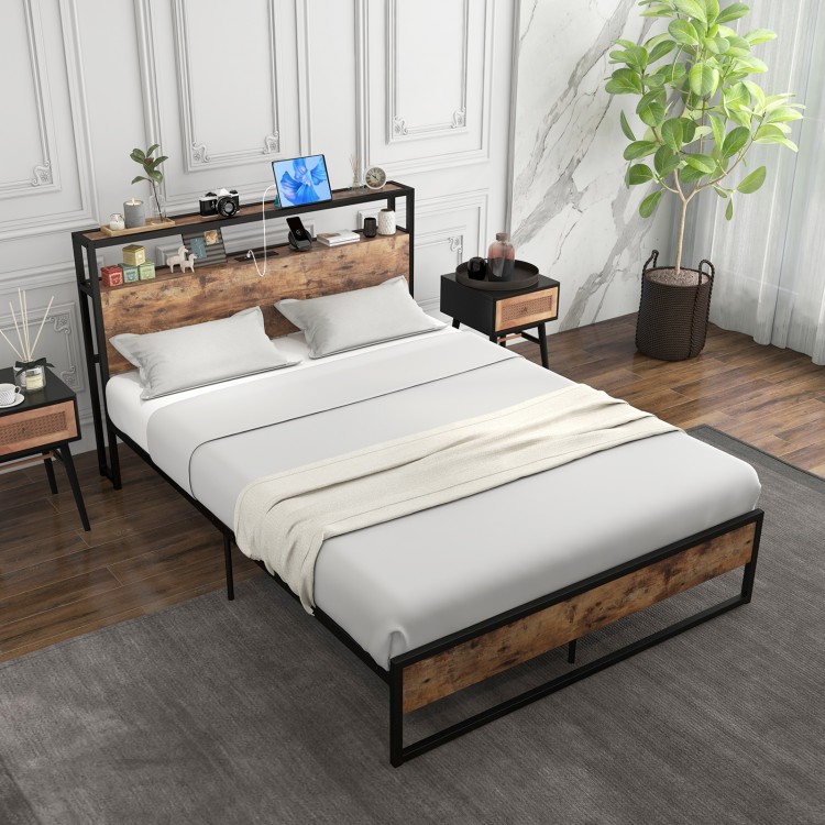Full/Queen bed frame with 2-tier storage headboard, built-in charging station, and industrial design for modern.