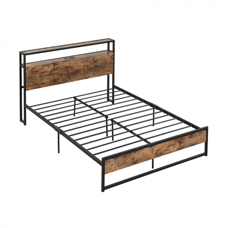 Full/Queen bed frame with industrial design, 2-tier storage headboard, and built-in charging station for convenience.
