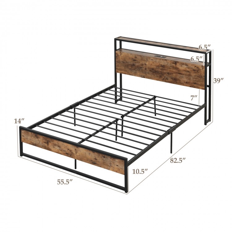 Full/Queen bed frame with 2-tier storage headboard, built-in charging station, and heavy-duty metal slats for.