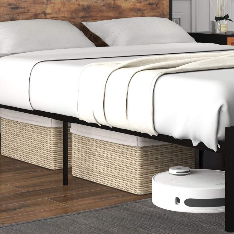 Full/Queen bed frame with 2-tier storage headboard and charging station, featuring under-bed storage and sturdy metal.