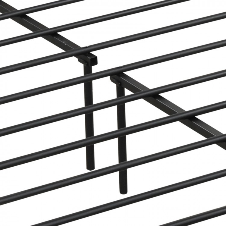 Close-up of the heavy-duty metal slats of a Full/Queen bed frame with 2-tier storage headboard and charging station.