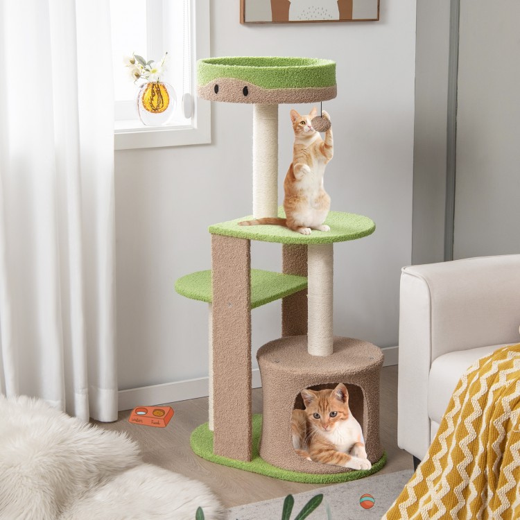 5-tier modern cat tree tower in green with sisal scratching posts, featuring a cozy hideaway and elevated perch for.