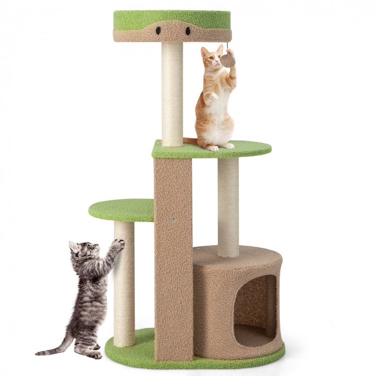 5-tier modern cat tree tower in green with sisal scratching posts, cozy hideaway, and platforms for climbing and.