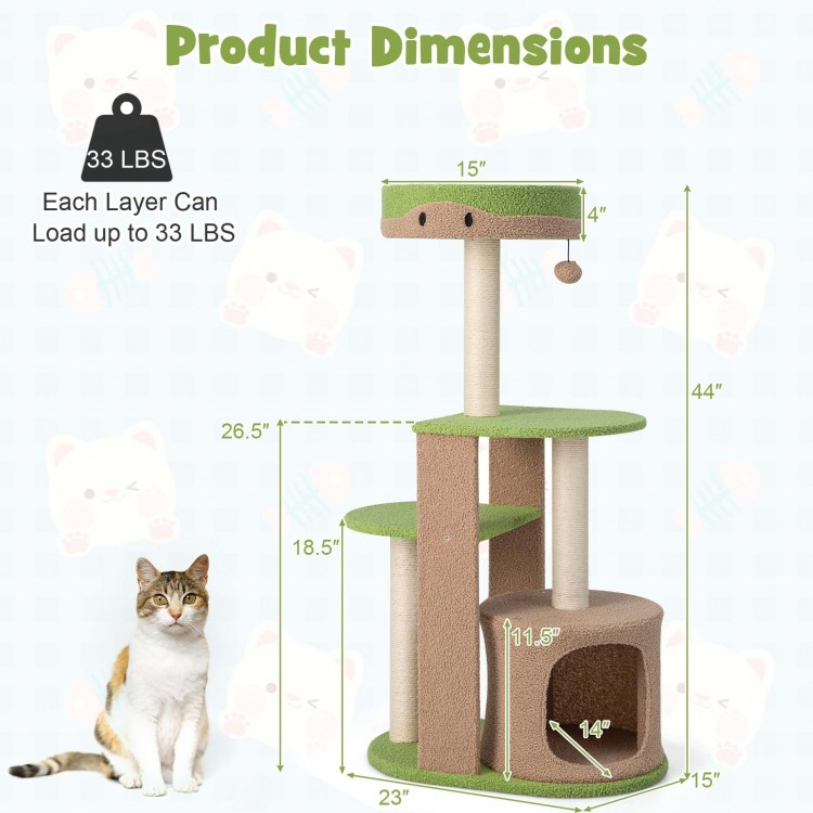 5-tier modern cat tree tower in green with sisal scratching posts and spacious hideaway condo for indoor cats.