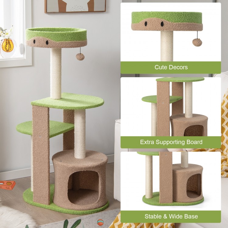 5-tier modern cat tree tower in green featuring a stable wide base and extra supporting board for enhanced safety and.