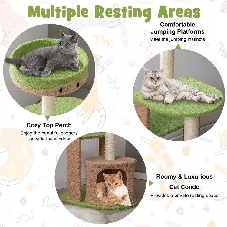 5-tier modern cat tree tower with green platforms, sisal scratching posts, and cozy hideaway condo for indoor cats.