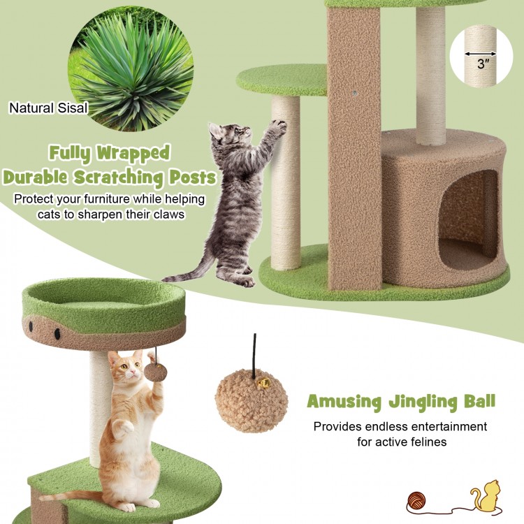 5-tier modern cat tree tower in green with sisal scratching posts, plush fabric, and spacious hideaway for indoor cats.