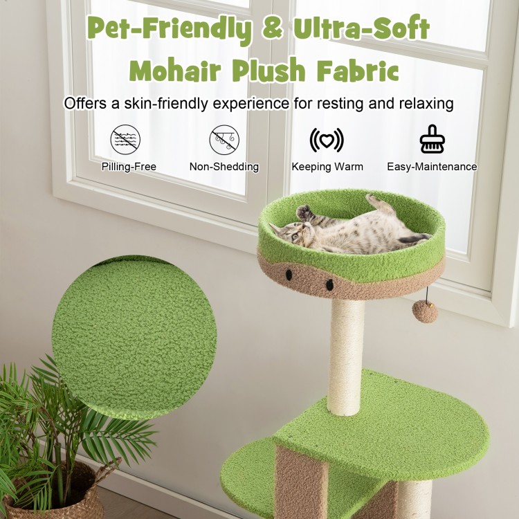 5-tier modern cat tree tower in green with sisal scratching posts and plush fabric for indoor cats to nap and play.