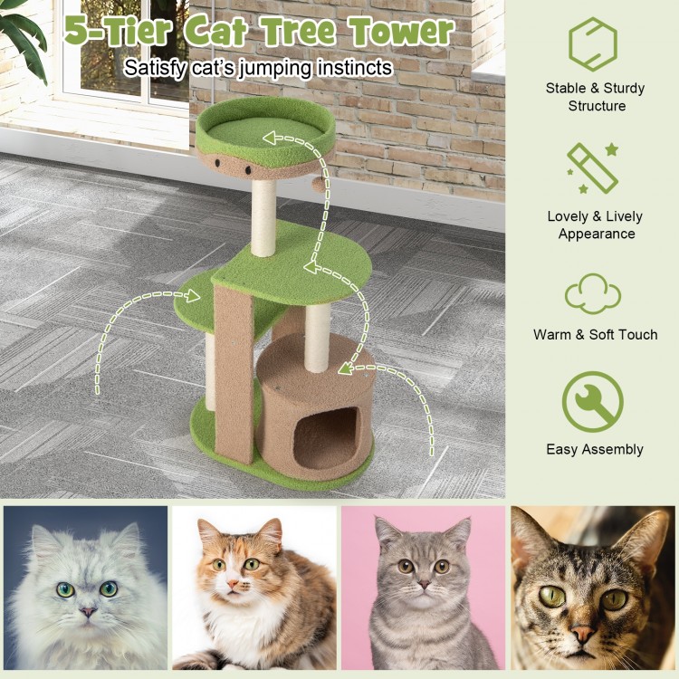 5-tier cat tree tower in green with sisal scratching posts, spacious hideaway, and plush fabric for indoor cats.