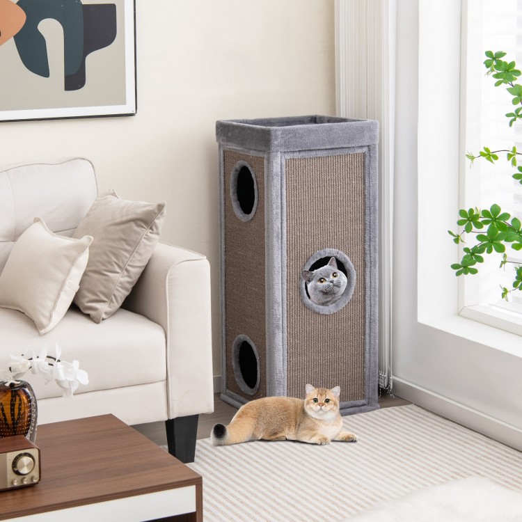 Tall gray cat condo with scratching posts, 3 hideaways, and soft plush cushions, perfect for multiple cats.