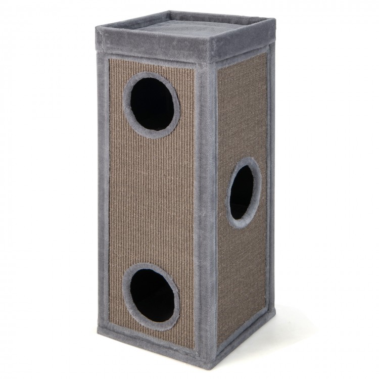 39-inch tall cat condo in gray with 3 hideaways, sisal scratching posts, and 4 removable plush cushions for multiple.