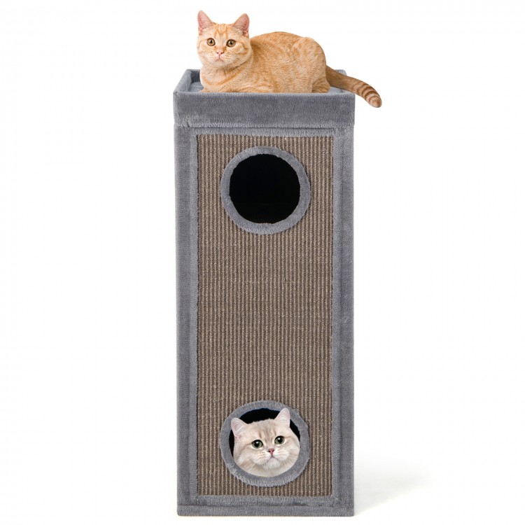 Tall gray cat condo with scratching posts, featuring 3 hideaways and soft plush cushions for multiple cats.