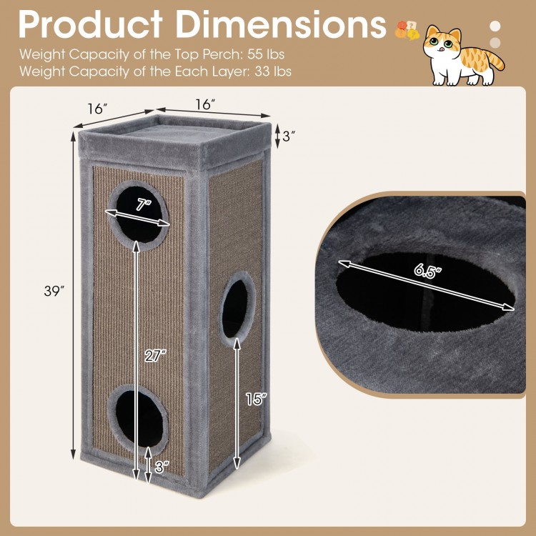 39-inch tall gray cat condo featuring 4 stories, 3 hideaways, and plush cushions for multi-cat households.
