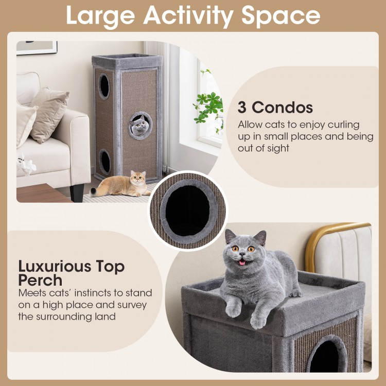 39-inch tall gray cat condo featuring 3 hideaway condos, 4 plush cushions, and sisal scratching posts for multiple cats.