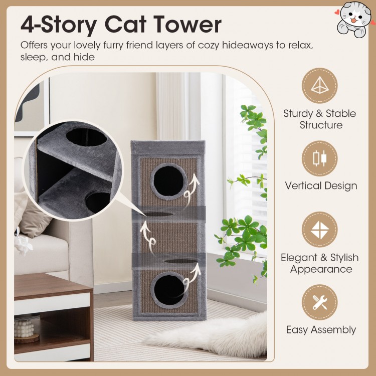 39-inch tall cat condo in gray with 4 stories, 3 hideaways, and sisal scratching posts for playful cats.