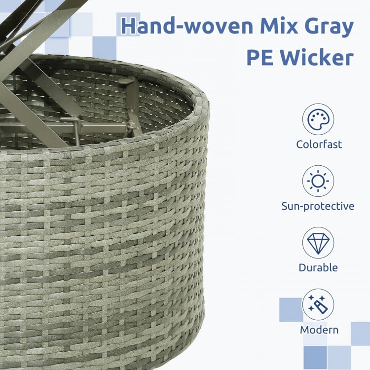 Hand-woven mix gray PE wicker round daybed with retractable canopy, perfect for outdoor relaxation and sun protection.