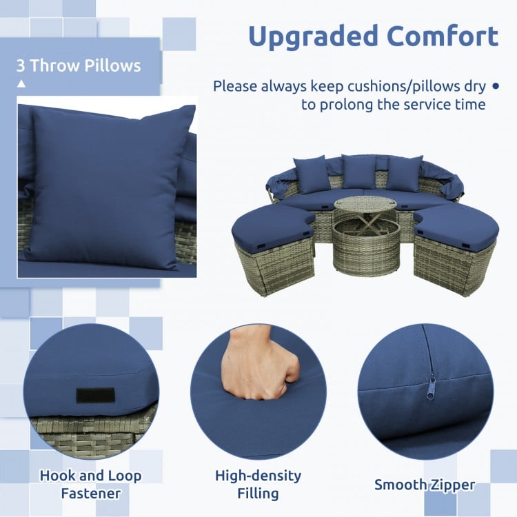 Navy outdoor PE wicker round daybed with retractable canopy and cushions, featuring high-density filling for comfort.