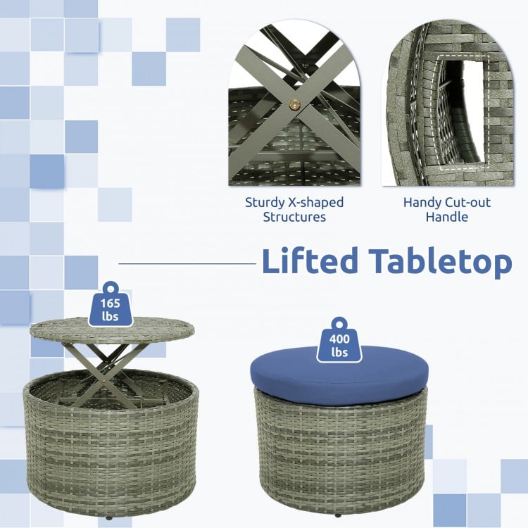 Round outdoor PE wicker daybed with retractable canopy, navy cushions, and adjustable foot pads for comfort and.
