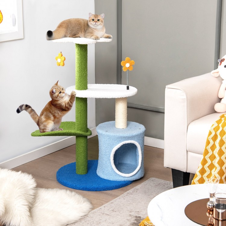 34.5-inch 4-tier cat tree in blue with scratching posts, plush fabric, and playful jingling balls for feline fun.
