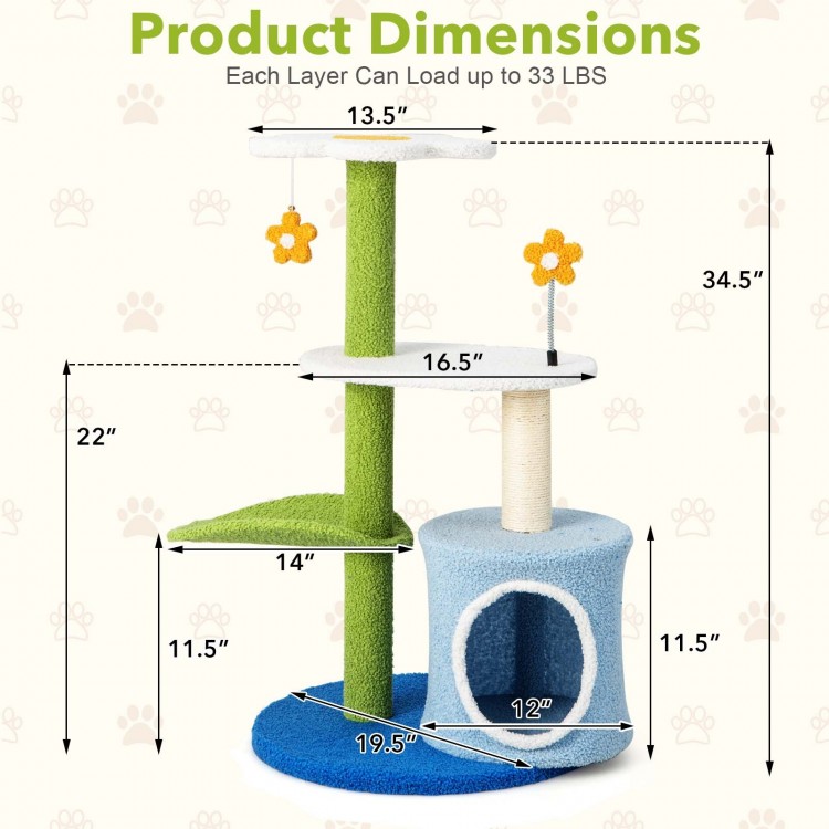 34.5-inch blue cat tree with 4 tiers, scratching posts, and plush fabric for comfortable napping and play.