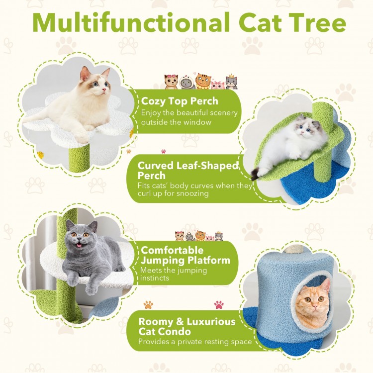 34.5-inch 4-tier cat tree with cozy top perch, leaf-shaped perch, and plush fabric for comfortable napping and play.
