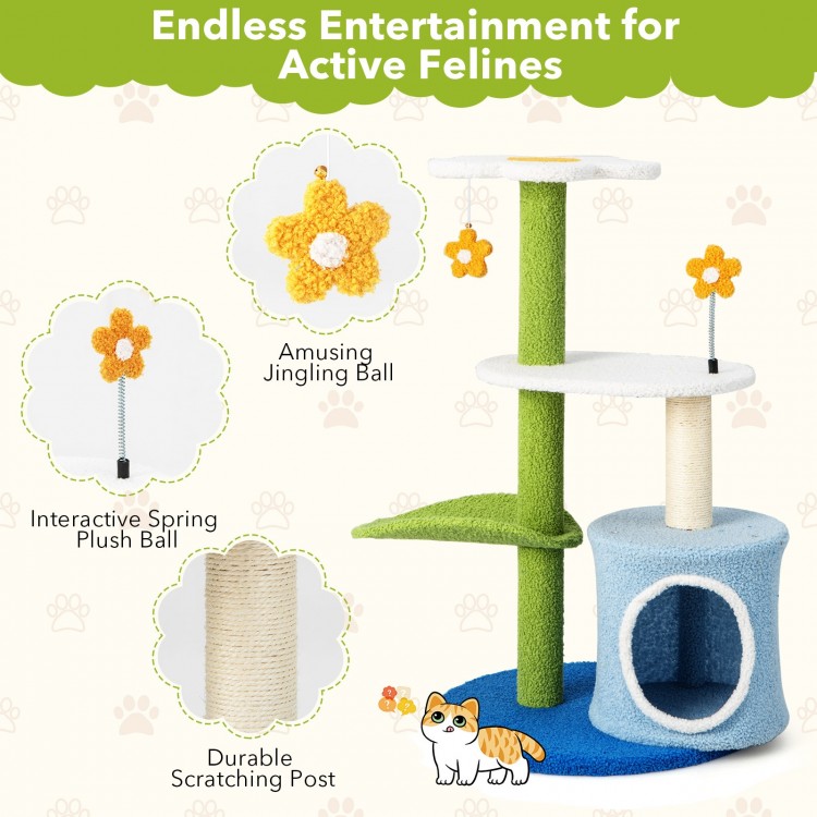 34.5-inch blue cat tree with 4 tiers, sisal scratching posts, and jingling balls for playful kittens and cozy napping.