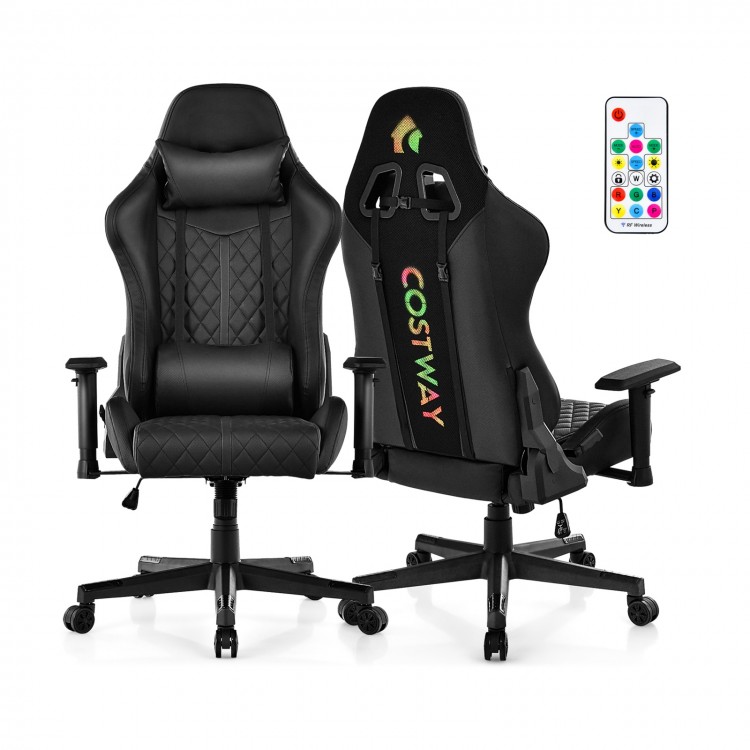 Adjustable 360° swivel PU gaming chair in black with RGB LED lights, ergonomic design, and nylon base for comfort.