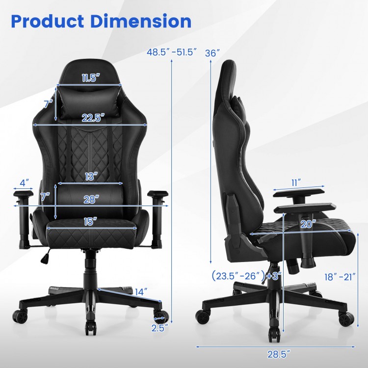 Adjustable 360° swivel gaming chair in black with ergonomic design, RGB LED lights, and detailed dimensions for.