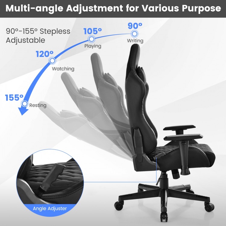 Adjustable gaming chair with 360° swivel, ergonomic design, and multi-angle adjustment for customizable comfort.