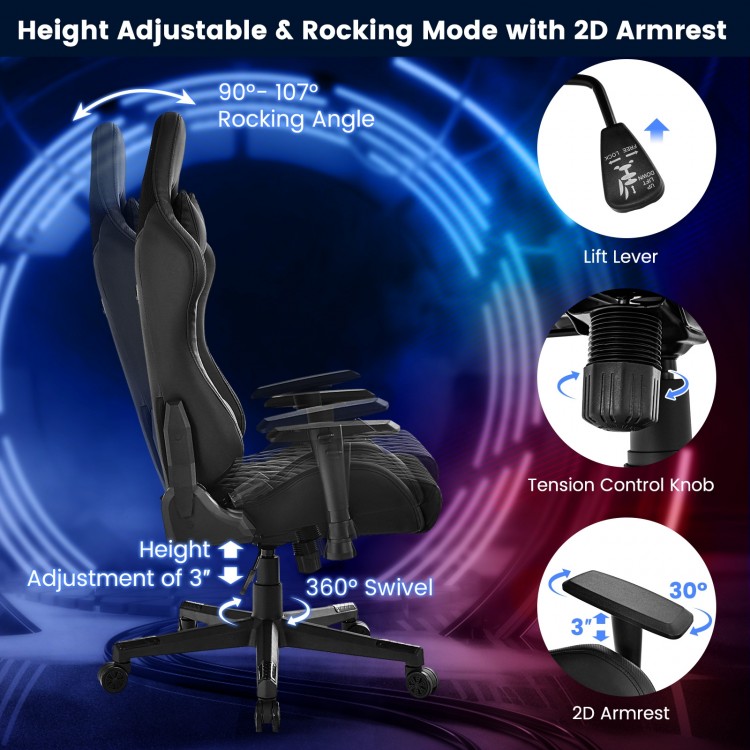 Adjustable 360° swivel gaming chair in black with ergonomic design, RGB LED lights, and height adjustment features.