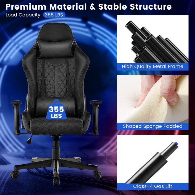 Adjustable 360° swivel gaming chair in black with ergonomic design, premium metal frame, and RGB LED lights for.