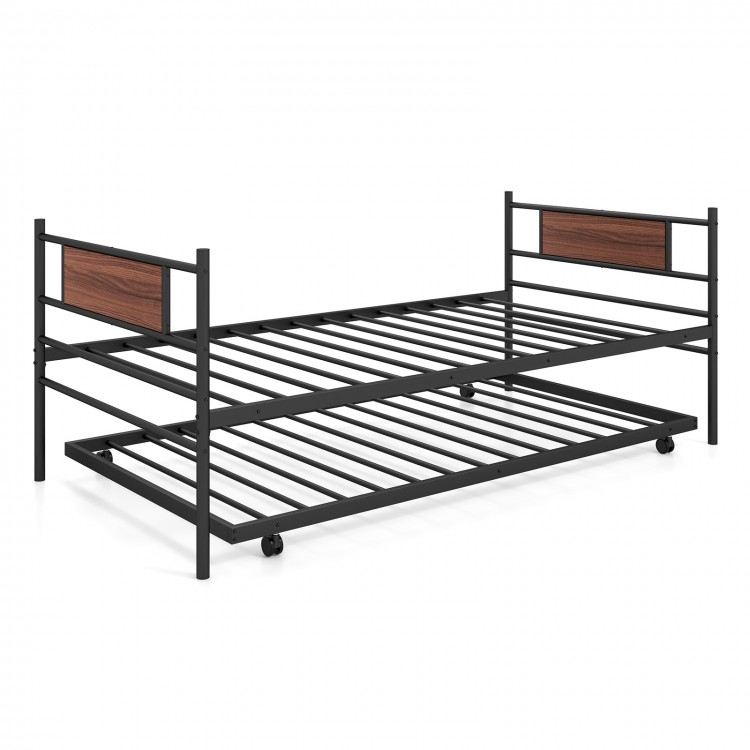 Twin size metal daybed with wood grain headboard and trundle, featuring a sturdy frame and space-saving design.