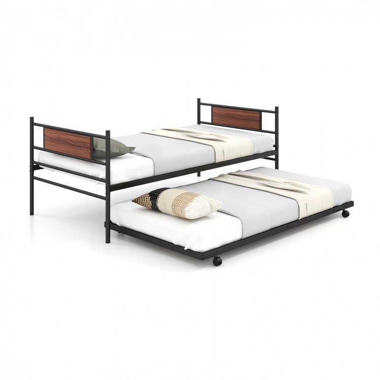Twin size metal daybed with trundle on casters, featuring a durable frame and slatted platform for easy assembly.