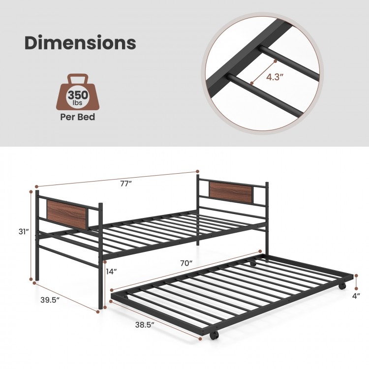 Twin size metal daybed with trundle, featuring a wood grain headboard and sturdy construction for multipurpose use.