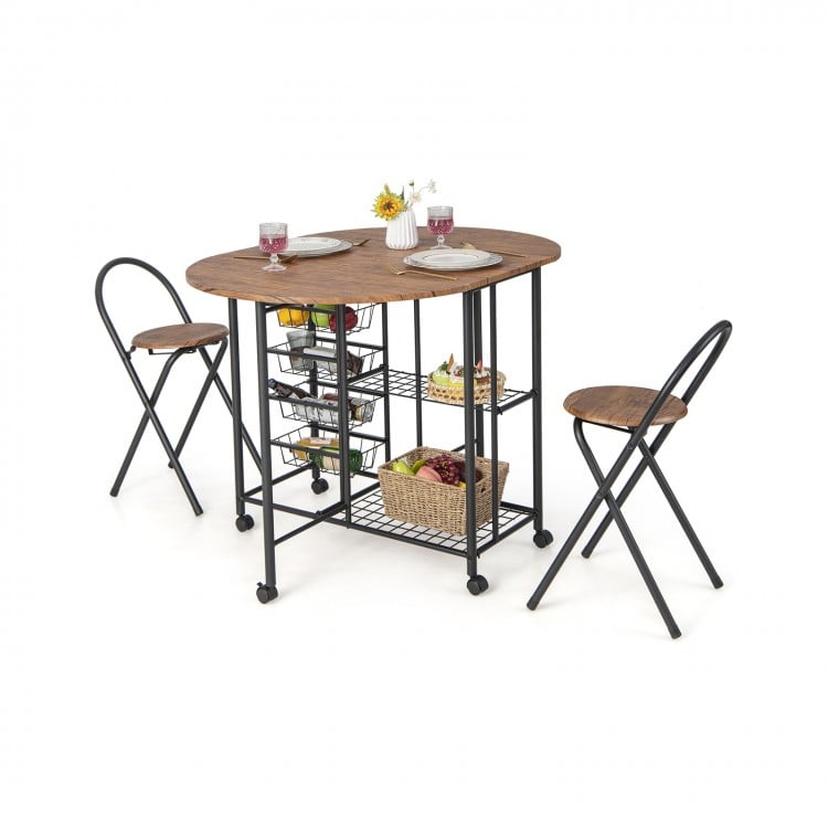 Folding dining table and chair set in rustic brown with storage baskets, perfect for small spaces and easy movement.