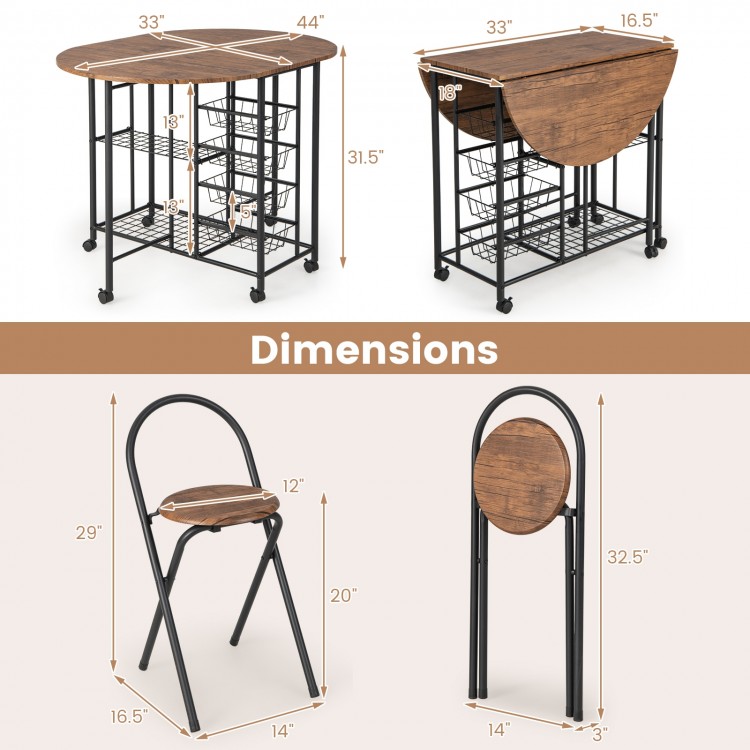Folding dining table and chair set in rustic brown with storage baskets, ideal for small spaces and versatile use.
