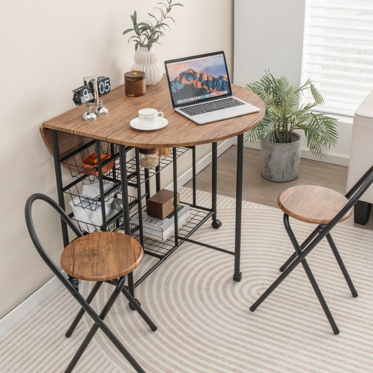 Folding dining table set in rustic brown with two chairs, featuring ample storage and a versatile drop leaf design.